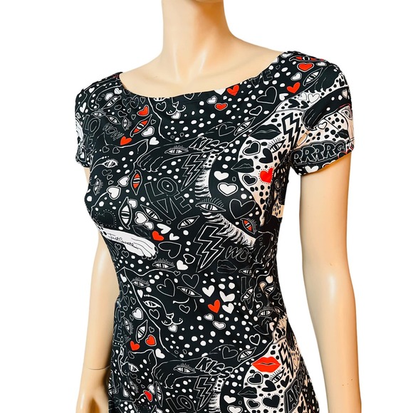 Just Cavalli Black Punk Rock Print Dress Stretchy Fabric Size 44 Fit Medium - Picture 2 of 15